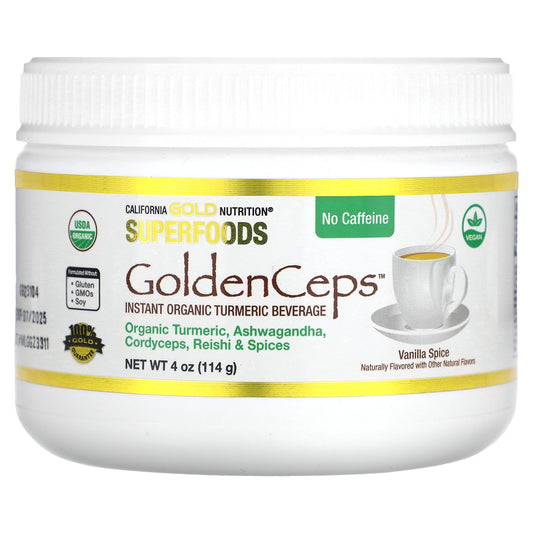 California Gold Nutrition, Superfoods, GoldenCeps, Organic Turmeric with Ashwagandha, Cordyceps, and Reishi, 4 oz (114 g)