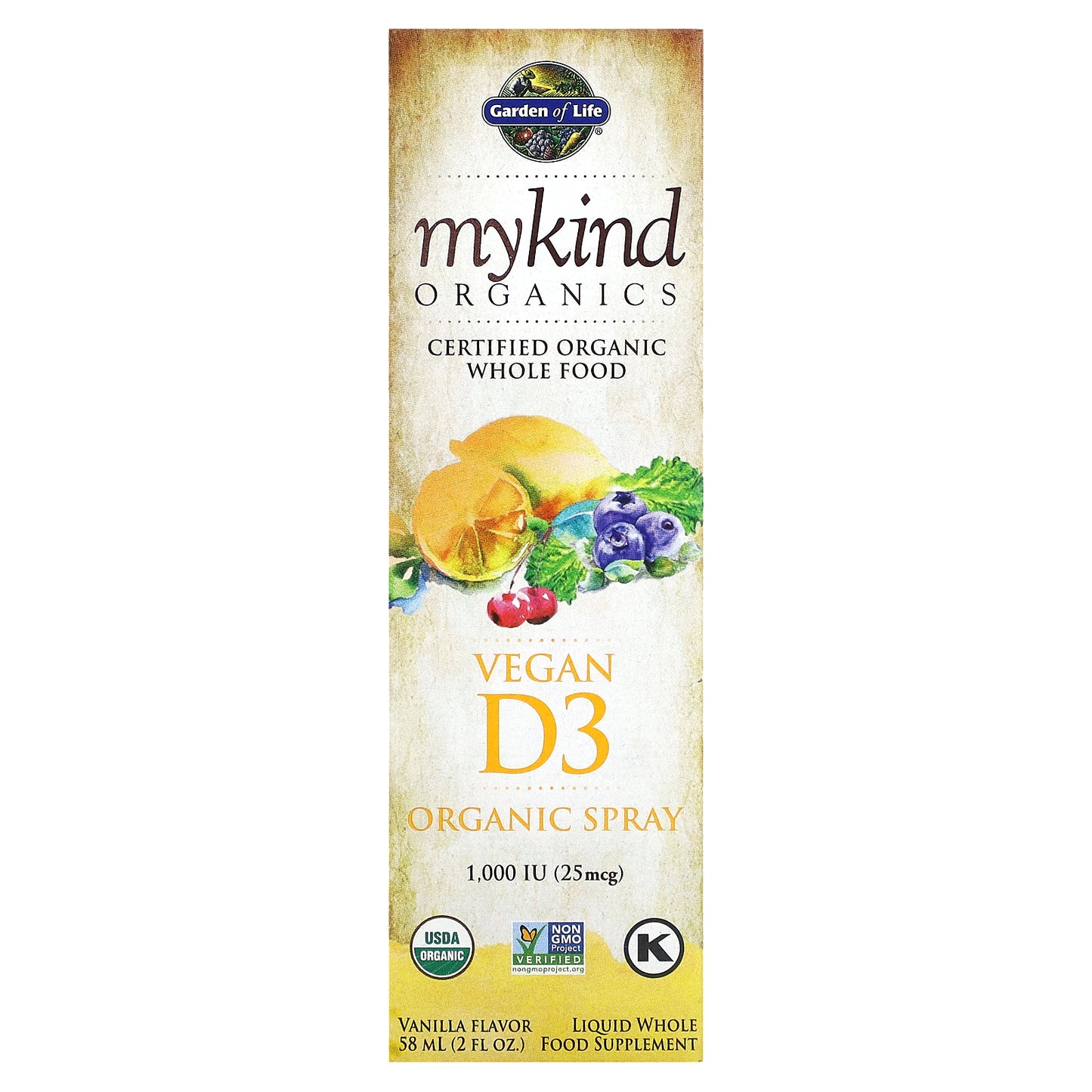 Garden of Life, MyKind Organics, Vegan D3 Organic Spray, Vanilla, 25 mcg (1,000 IU), 2 fl oz (58 ml)