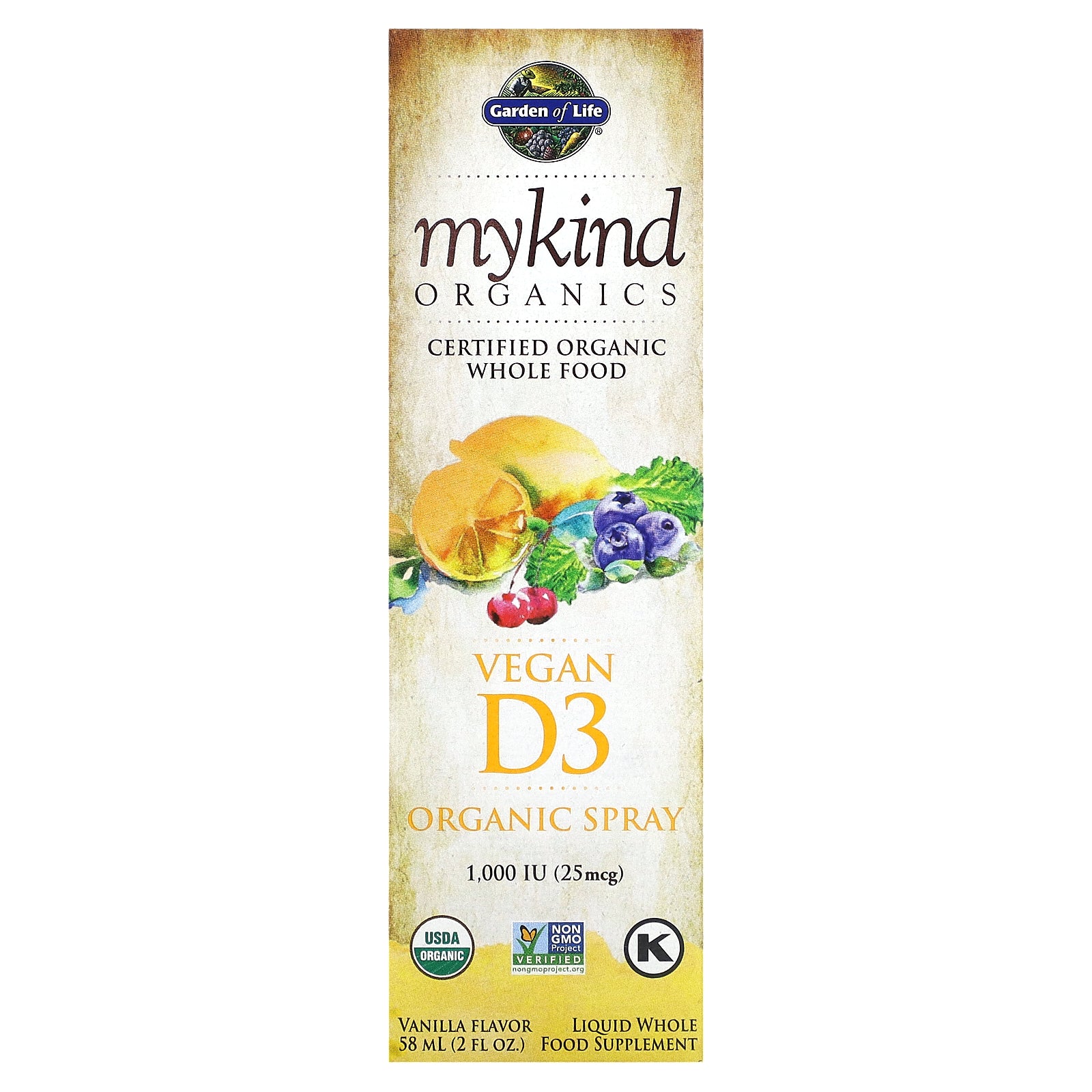 Garden of Life, MyKind Organics, Vegan D3 Organic Spray, Vanilla, 25 mcg (1,000 IU), 2 fl oz (58 ml)