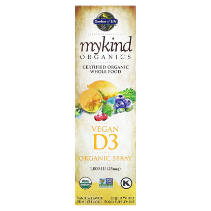 Garden of Life, MyKind Organics, Vegan D3 Organic Spray, Vanilla, 25 mcg (1,000 IU), 2 fl oz (58 ml)