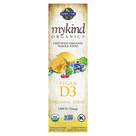 Garden of Life, MyKind Organics, Vegan D3 Organic Spray, Vanilla, 25 mcg (1,000 IU), 2 fl oz (58 ml)