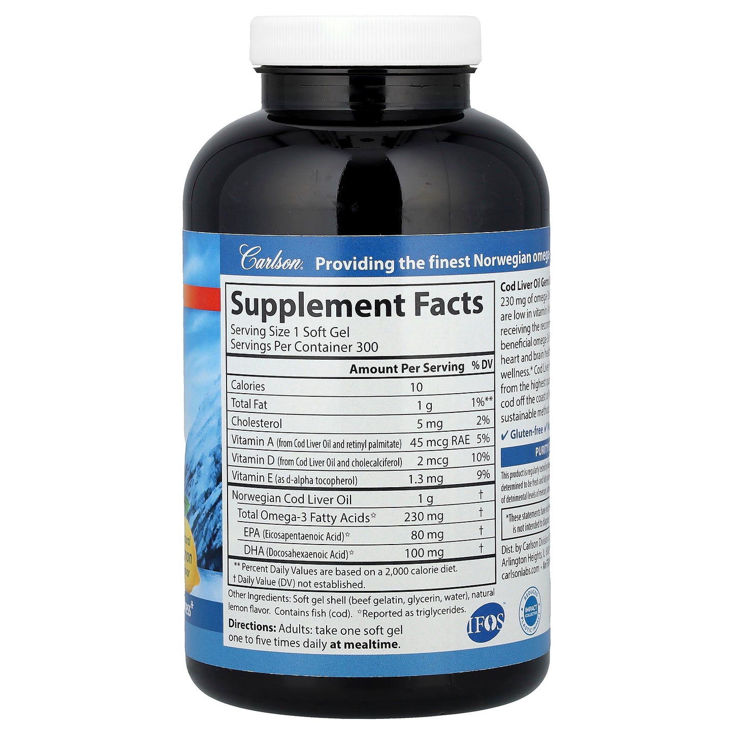 Carlson, Wild Norwegian, Cod Liver Oil Gems, Low Vitamin A, Natural Lemon, 300 Soft Gels