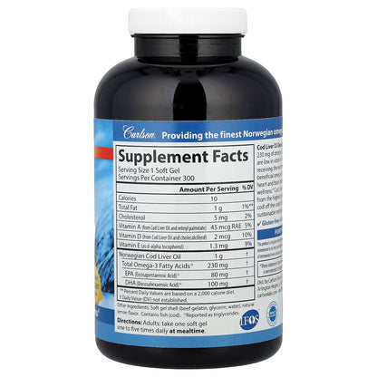 Carlson, Wild Norwegian, Cod Liver Oil Gems, Low Vitamin A, Natural Lemon, 300 Soft Gels