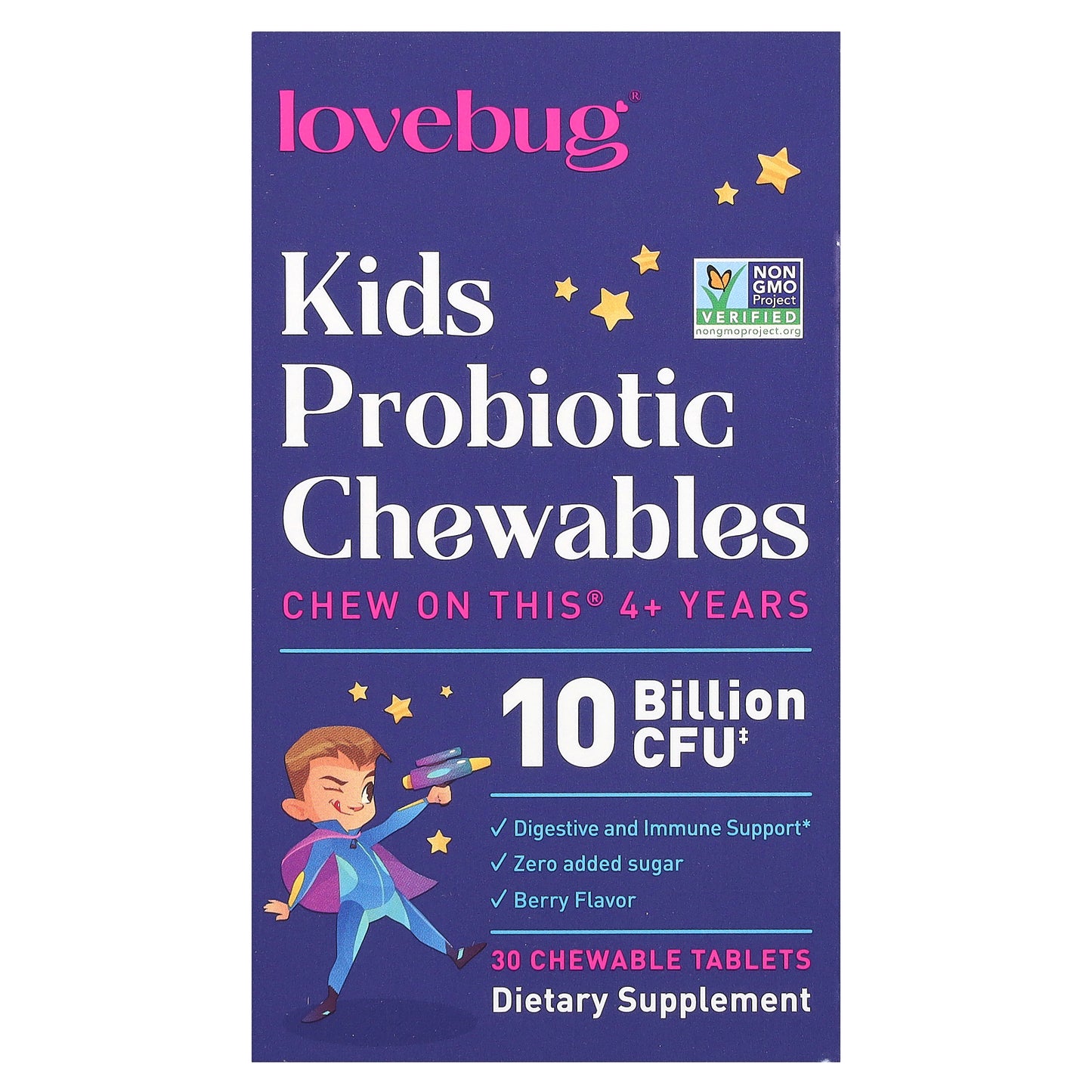 LoveBug Probiotics, Kids Probiotics, 4+ Years, Berry, 10 Billion CFU, 30 Chewable Tablets