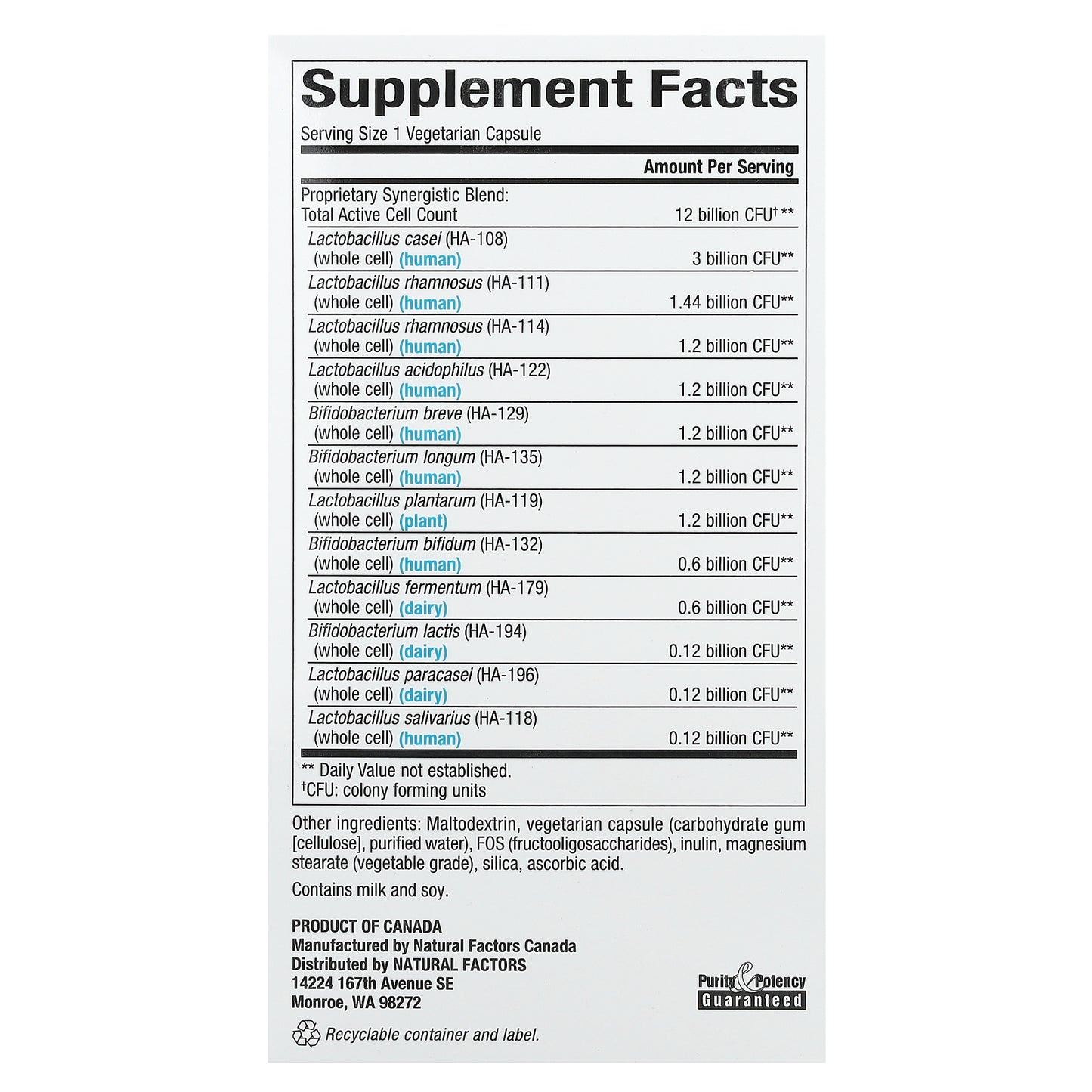 Natural Factors, Ultimate Probiotic, 12/12 Formula, 12 Billion CFU, 120 Vegetarian Capsules