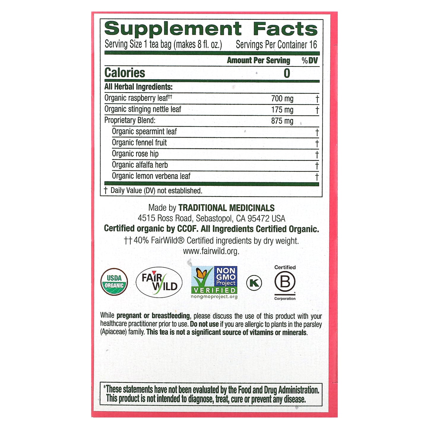 Traditional Medicinals, Organic Pregnancy® Tea, Raspberry Leaf, Caffeine Free, 16 Wrapped Tea Bags, 0.99 oz (28 g)