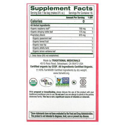 Traditional Medicinals, Organic Pregnancy® Tea, Raspberry Leaf, Caffeine Free, 16 Wrapped Tea Bags, 0.99 oz (28 g)