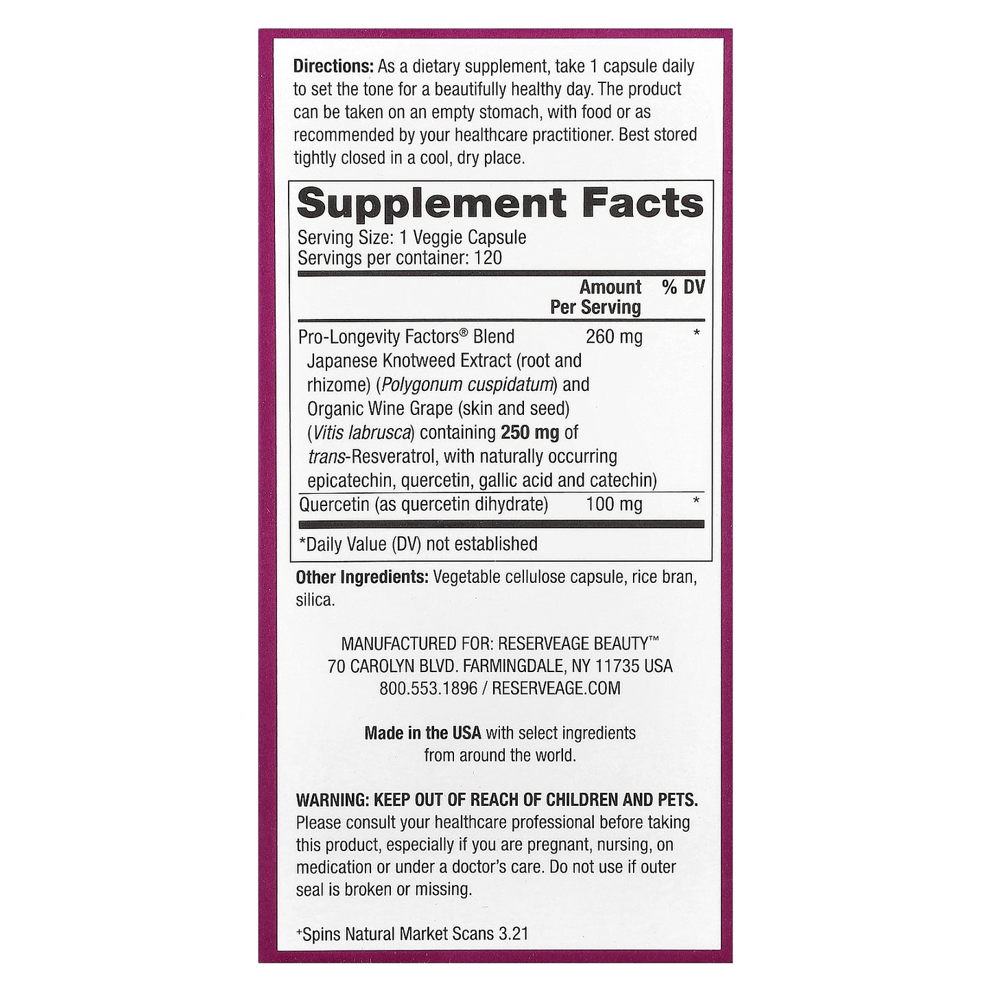 Reserveage Beauty, Resveratrol, 250 mg, 120 Veggie Capsules