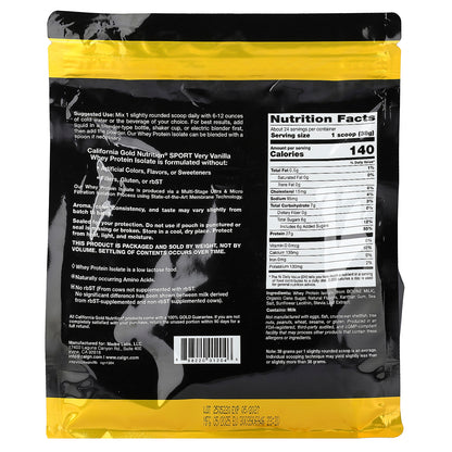 California Gold Nutrition, Sport, Whey Protein Isolate with Organic Cane Sugar, with Sunflower Lecithin, Very Vanilla, 2 lb (907 g)