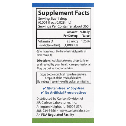 Carlson, Super Daily D3, 25 mcg (1,000 IU), 0.35 fl oz (10.3 ml)