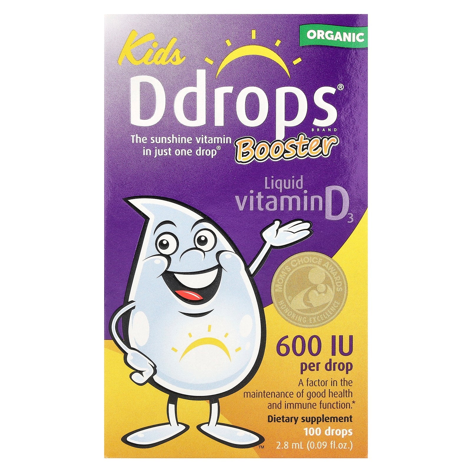 Ddrops, Kids, Booster, Organic Liquid Vitamin D3, 600 IU, 0.09 fl oz (2.8 ml)