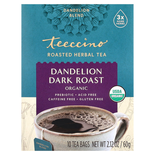 Teeccino, Organic Roasted Herbal Tea, Dandelion, Dark Roast, Caffeine Free, 10 Tea Bags, 2.12 oz (60 g)