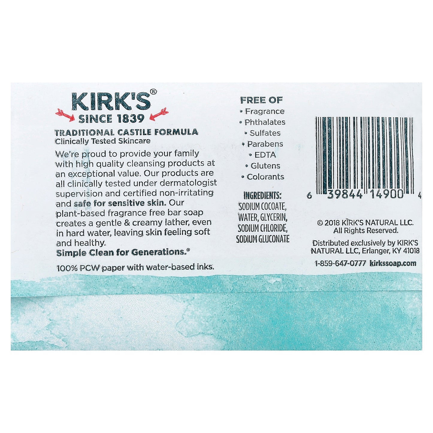 Kirk's, 100% Premium Coconut Oil Castile Bar Soap, Fragrance Free, 4 oz (113 g)