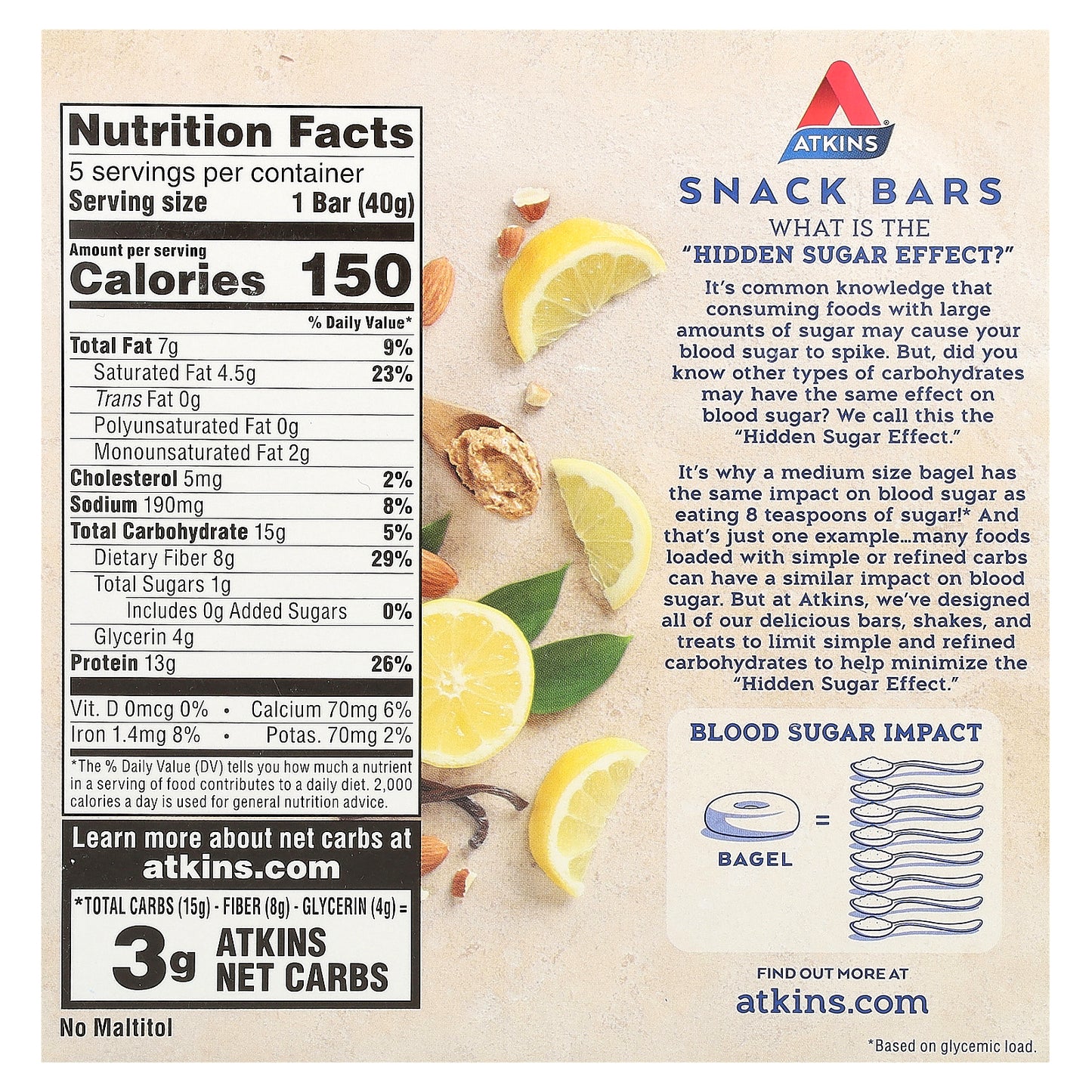 Atkins, Snack, Lemon Bar, 5 Bars, 1.41 oz (40 g) Each