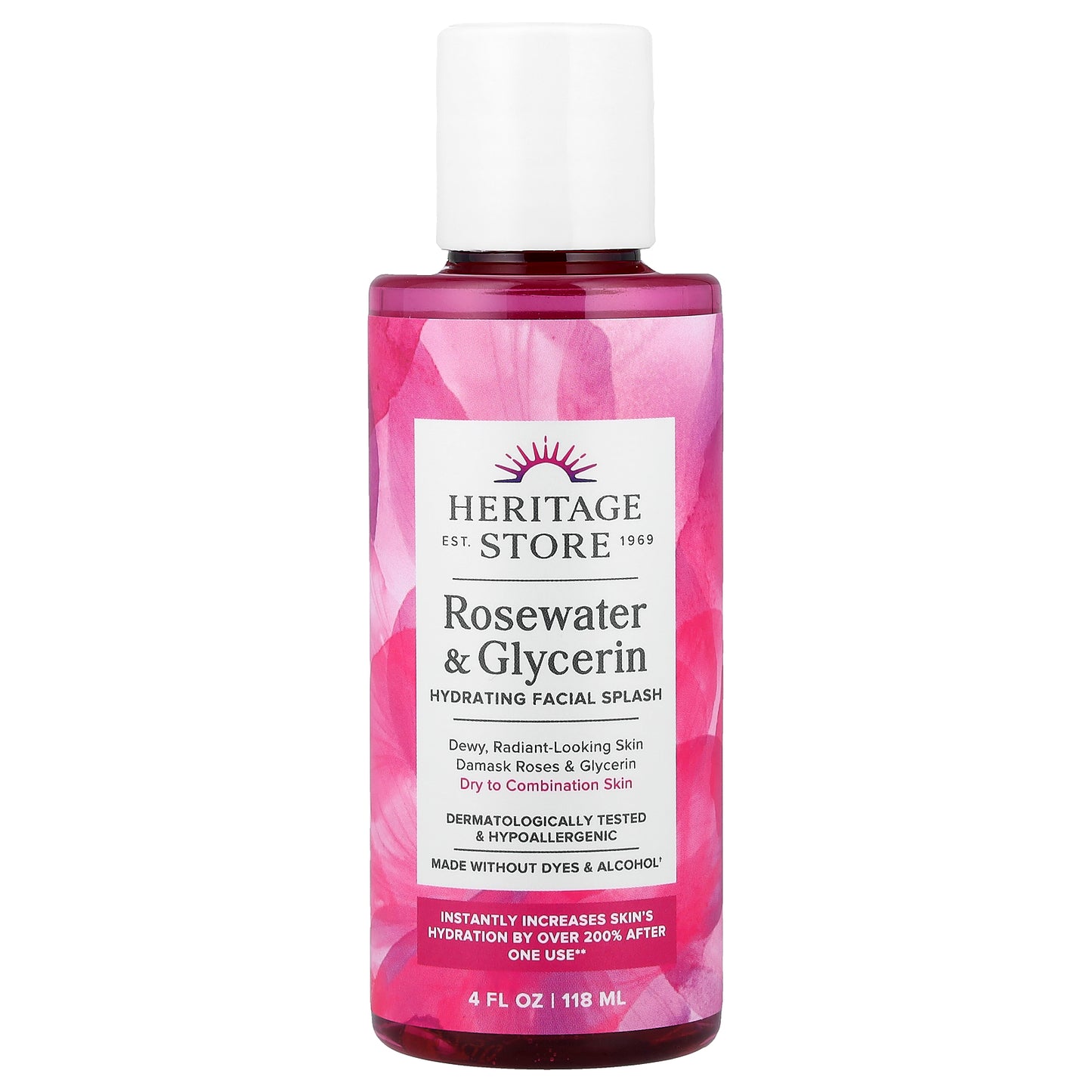 Heritage Store, Hydrating Facial Splash, Dry to Combination Skin, Rosewater & Glycerin, 4 fl oz (118 ml)