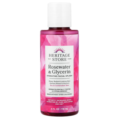 Heritage Store, Hydrating Facial Splash, Dry to Combination Skin, Rosewater & Glycerin, 4 fl oz (118 ml)