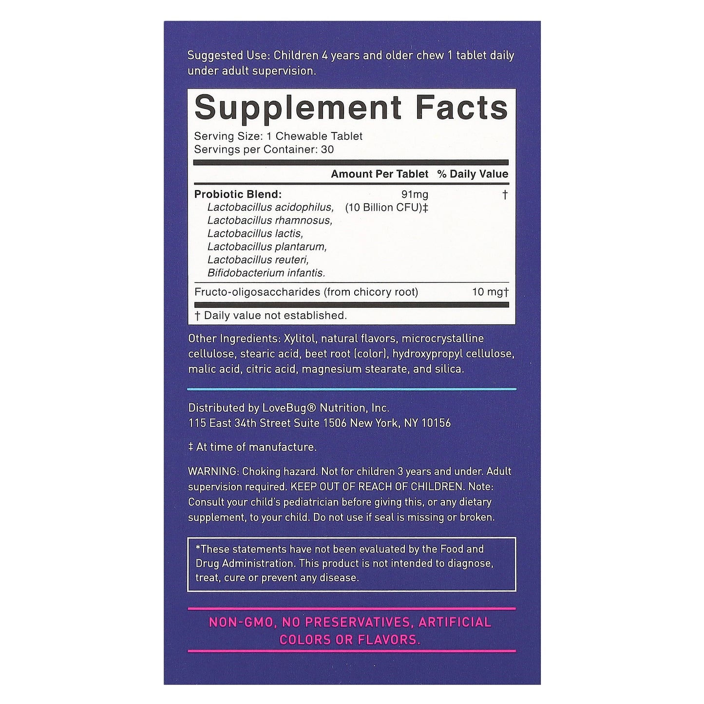 LoveBug Probiotics, Kids Probiotics, 4+ Years, Berry, 10 Billion CFU, 30 Chewable Tablets