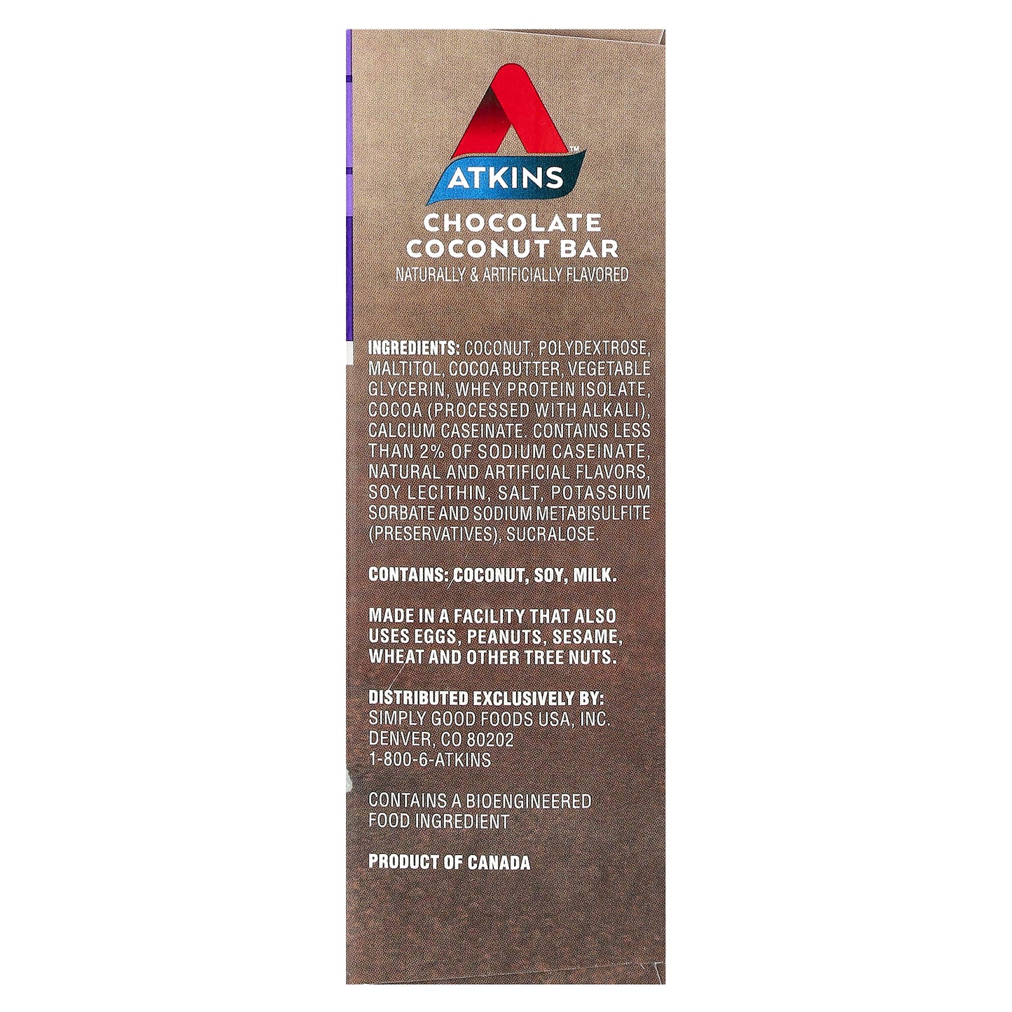 Atkins, Endulge™, Treat, Chocolate Coconut Bar, 5 Bars, 1.41 oz (40 g) Each