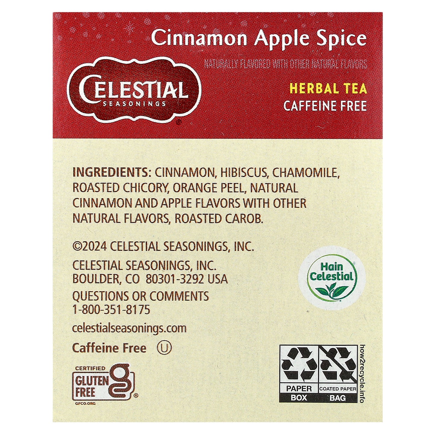 Celestial Seasonings, Herbal Tea, Cinnamon Apple Spice, Caffeine Free, 20 Tea Bags, 1.7 oz (48 g)