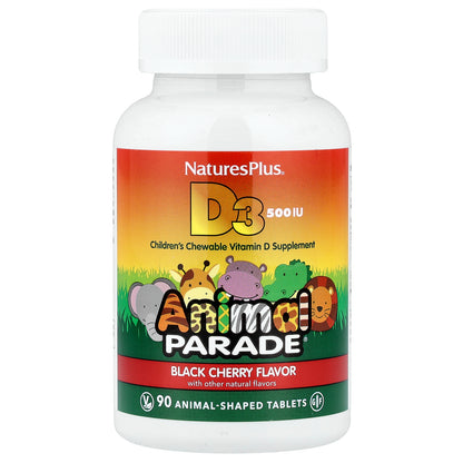 NaturesPlus, Animal Parade®, Vitamin D3, Black Cherry, 12.5 mcg (500 IU), 90 Animal-Shaped Tablets