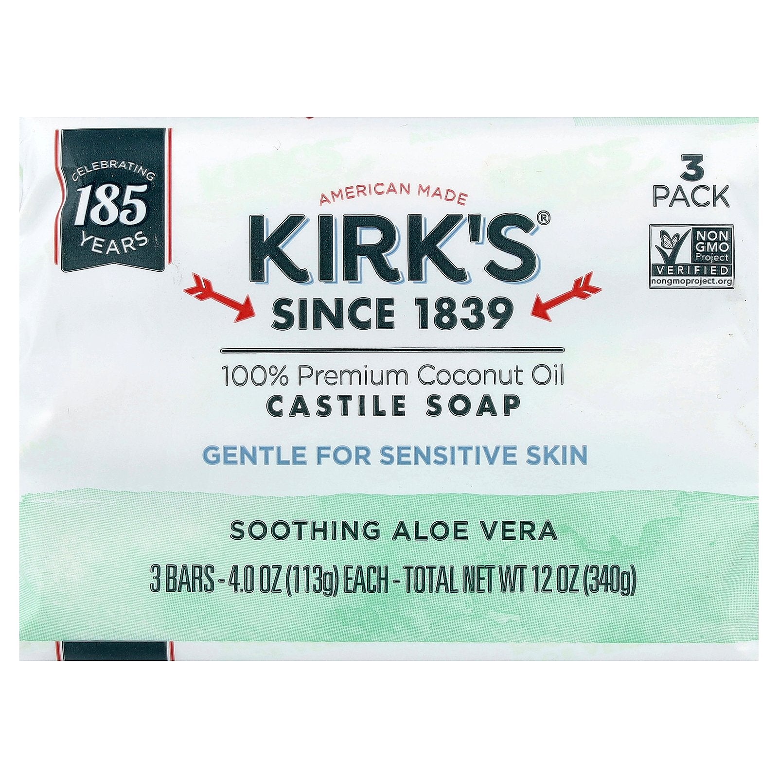 Kirk's, 100% Premium Coconut Oil Castile Bar Soap, Soothing Aloe Vera, 3 Bars, 4 oz (113 g) Each