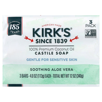 Kirk's, 100% Premium Coconut Oil Castile Bar Soap, Soothing Aloe Vera, 3 Bars, 4 oz (113 g) Each