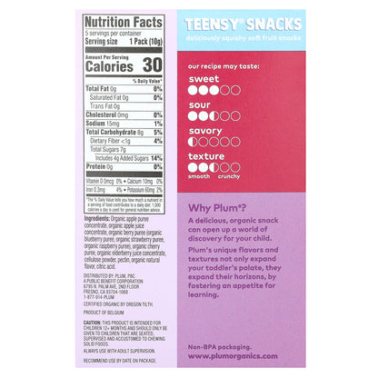 Plum Organics, Teensy Snacks, Soft Fruit Snacks, Tots 12+ Months, Mixed Berry, 5 Packs, 0.35 oz (10 g) Each