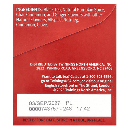 Twinings, Flavored Black Tea, Chai, Pumpkin Spice, 20 Tea Bags, 1.41 oz (40 g)