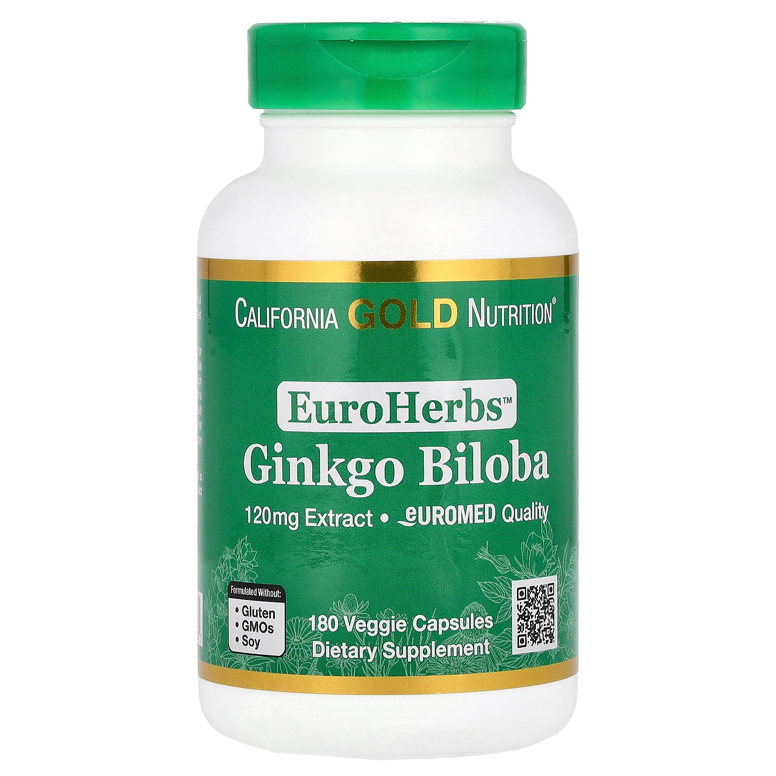 California Gold Nutrition, EuroHerbs™, Ginkgo Biloba Extract, Euromed Quality, 120 mg, 180 Veggie Capsules