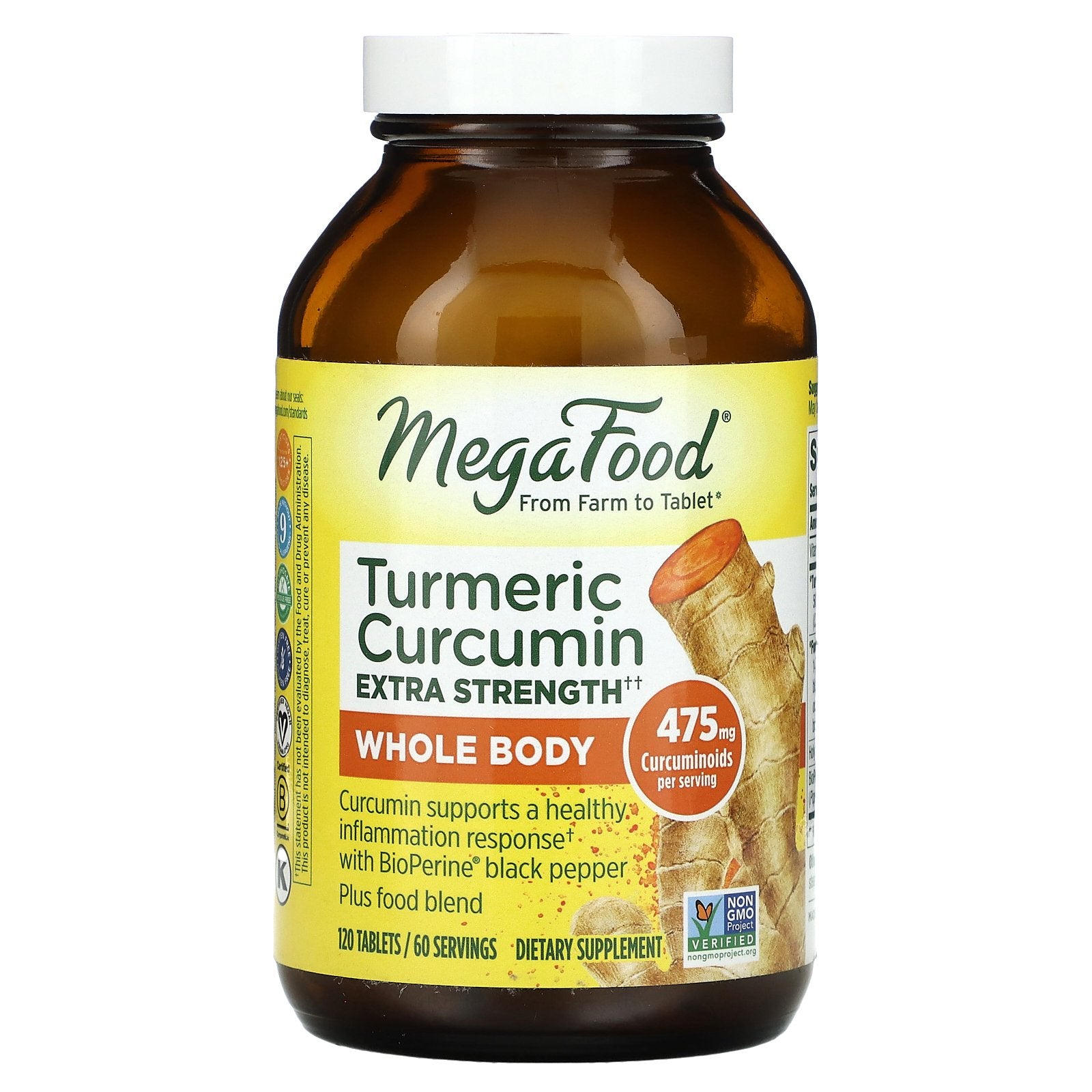 MegaFood, Turmeric Curcumin Extra Strength, Whole Body, 475 mg, 120 Tablets (237.5 mg per Tablet)