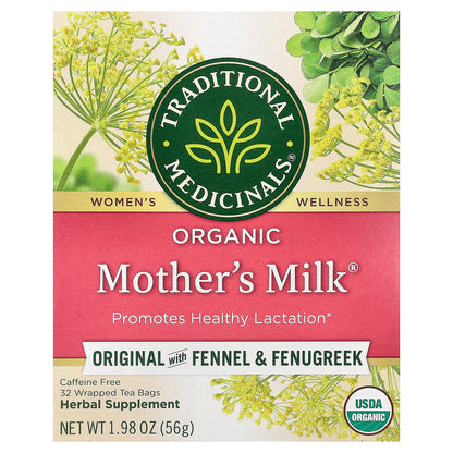 Traditional Medicinals, Organic Mother's Milk®, Original with Fennel & Fenugreek, Caffeine Free, 32 Wrapped Tea Bags, 1.98 oz (56 g)