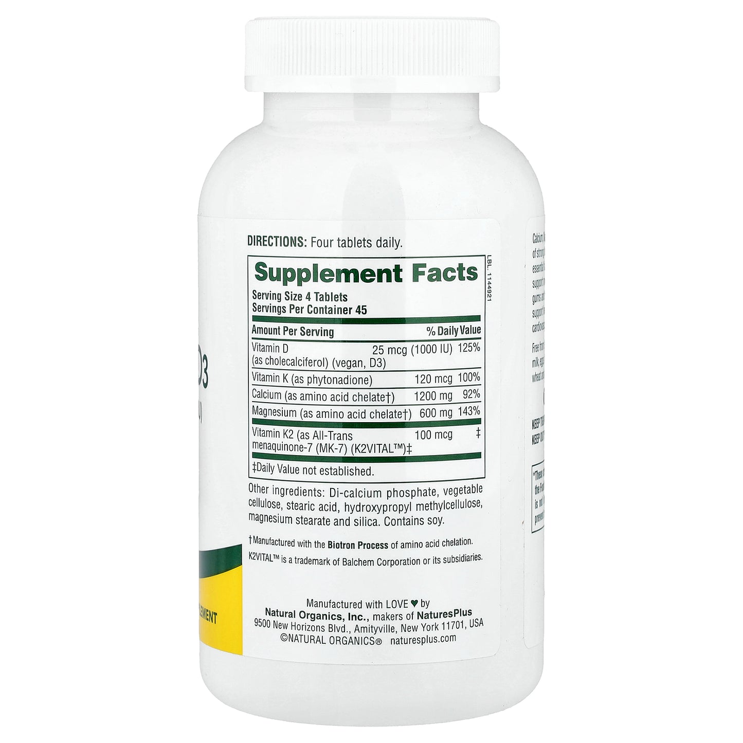 NaturesPlus, Cal/Mag/Vit D3 with Vitamin K2, 180 Tablets