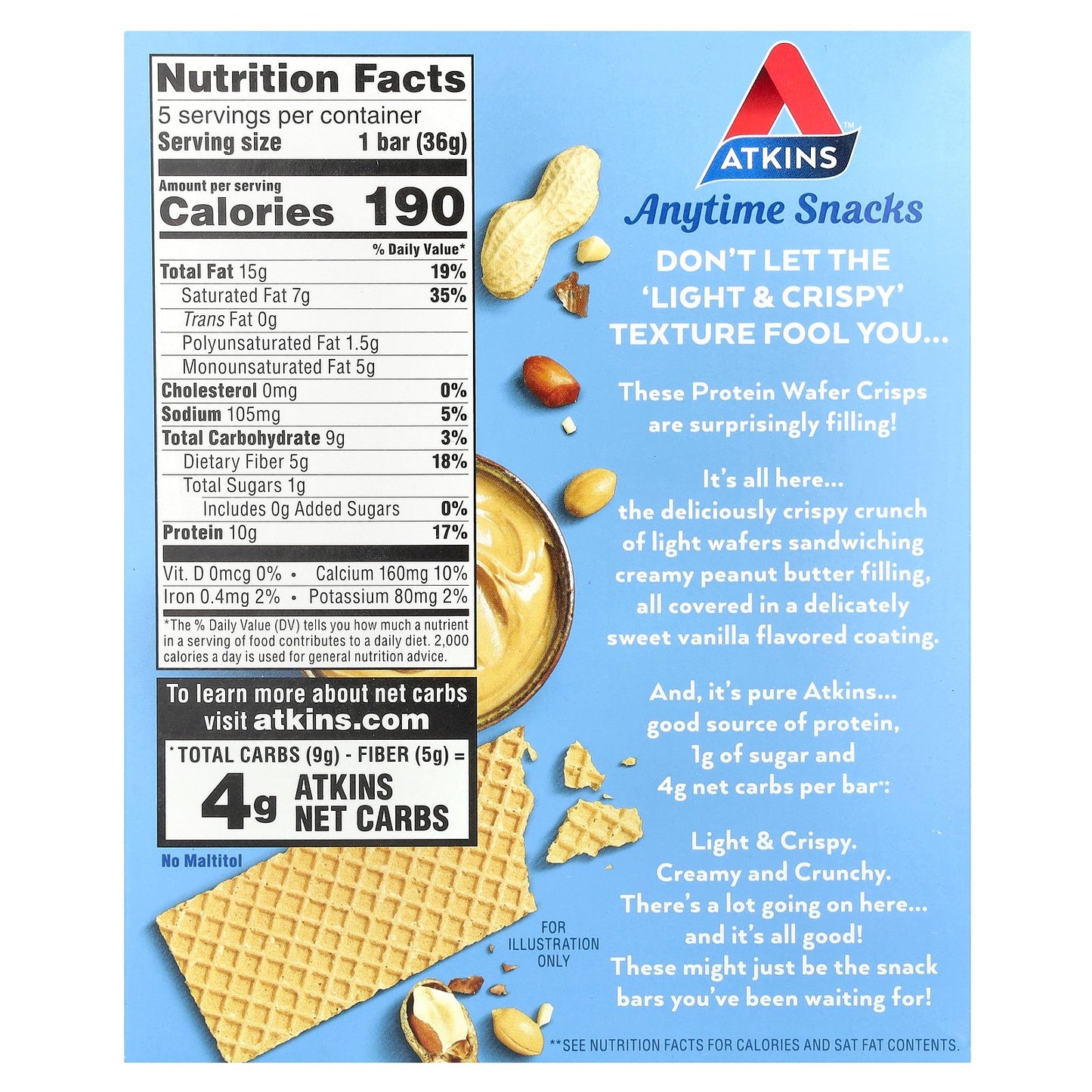 Atkins, Anytime Snacks, Protein Wafer Crisps, Peanut Butter, 5 Bars, 1.27 oz (36 g) Each