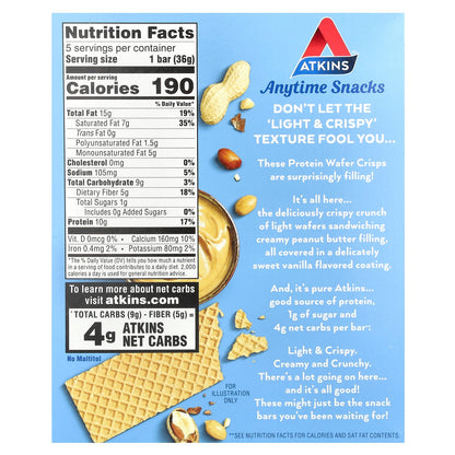 Atkins, Anytime Snacks, Protein Wafer Crisps, Peanut Butter, 5 Bars, 1.27 oz (36 g) Each