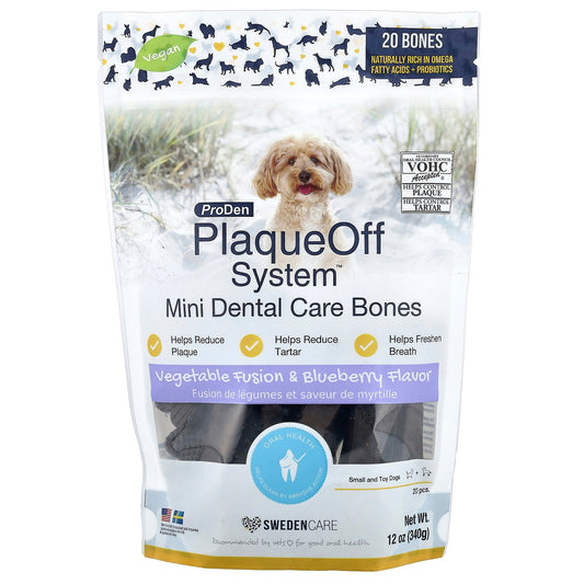 ProDen, PlaqueOff System™, Mini Dental Care Bones, For Small and Toy Dogs, Vegetable Fusion & Blueberry, 20 Bones, 12 oz (340 g)