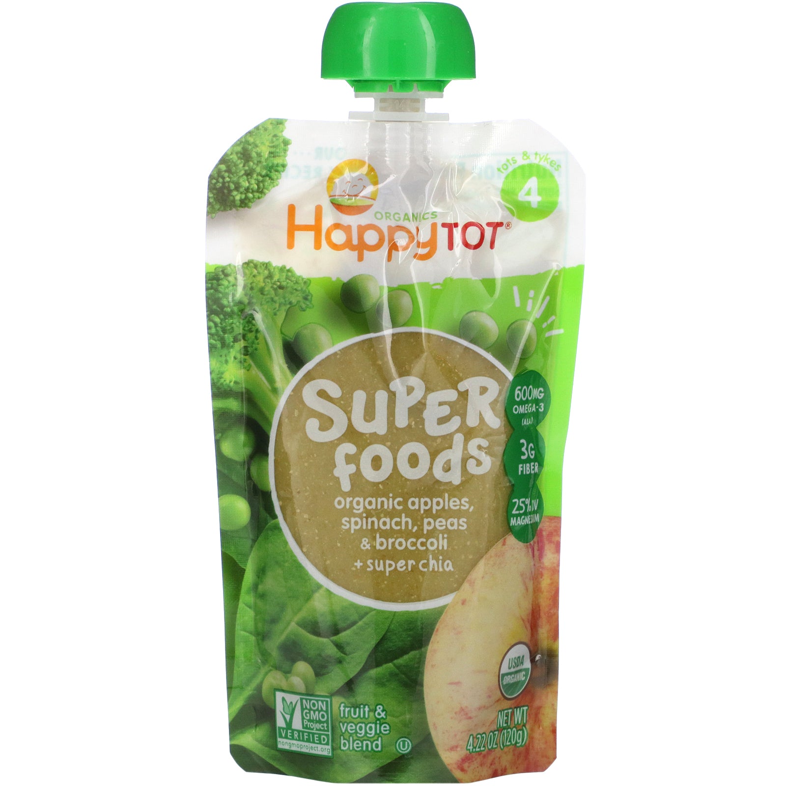 Happy Family Organics, Happy Tot, Superfoods, Stage 4. Organic Apples, Spinach, Peas & Broccoli + Super Chia, 4.22 oz (120 g)