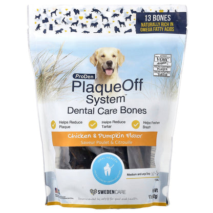 ProDen, PlaqueOff System™, Dental Care Bones, For Medium and Large Dogs, Chicken & Pumpkin, 13 Bones, 17 oz (482 g)