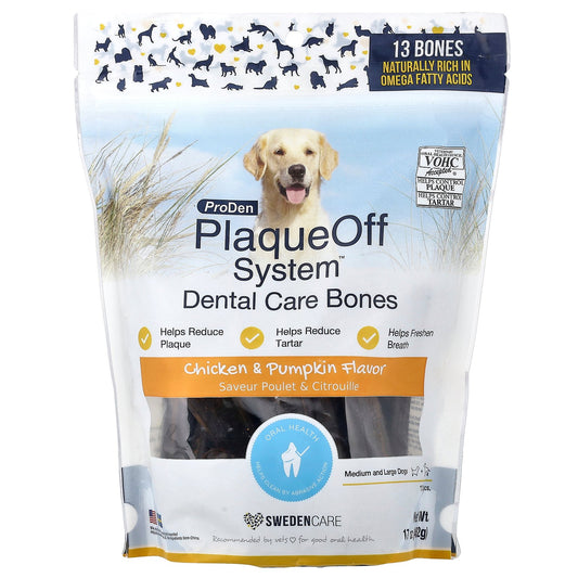 ProDen, PlaqueOff System™, Dental Care Bones, For Medium and Large Dogs, Chicken & Pumpkin, 13 Bones, 17 oz (482 g)