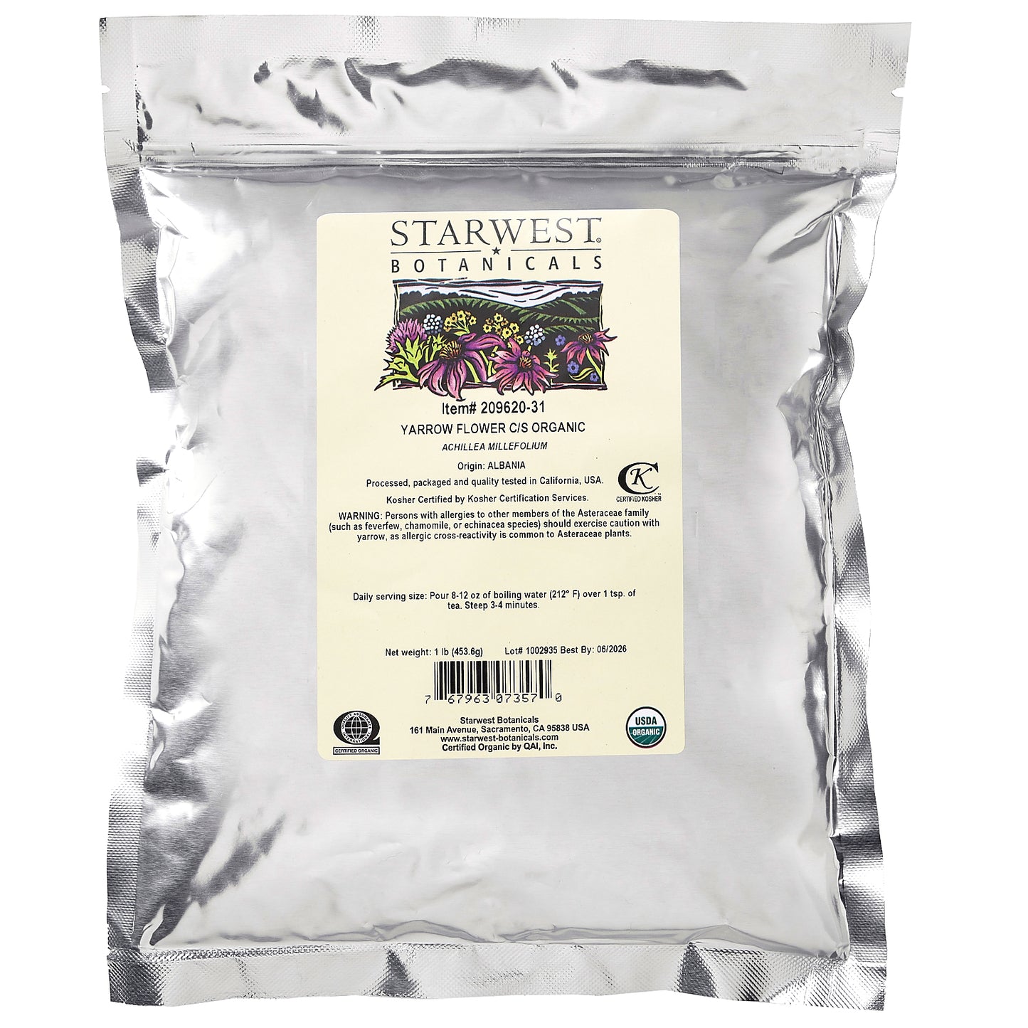 Starwest Botanicals, Organic Yarrow Flower, Cut & Sifted, 1 lb (453.6 g)