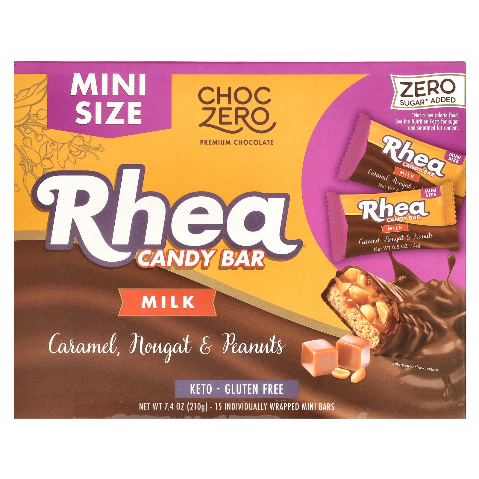 ChocZero, Rhea Candy Bar, Milk, Caramel, Nougat & Peanuts, 15 Mini Bars, 0.5 oz (14 g) Each