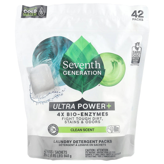 Seventh Generation, Laundry Detergent Packs, Ultra Power +, Clean Scent, 42 Packs, 29.6 oz (840 g)