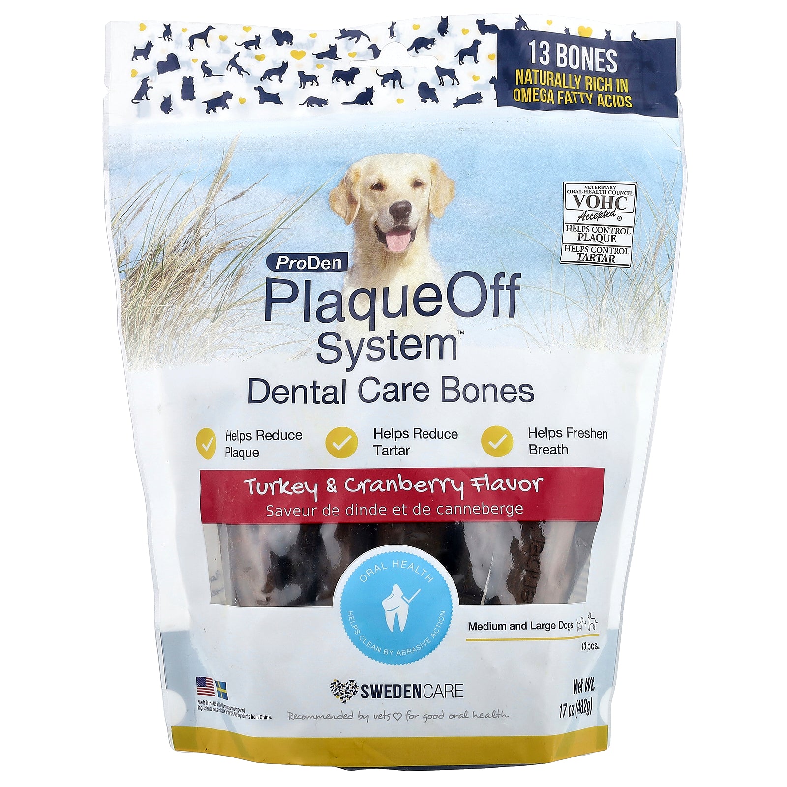 ProDen, PlaqueOff System™, Dental Care Bones, For Medium and Large Dogs, Turkey & Cranberry, 13 Bones, 17 oz (482 g)