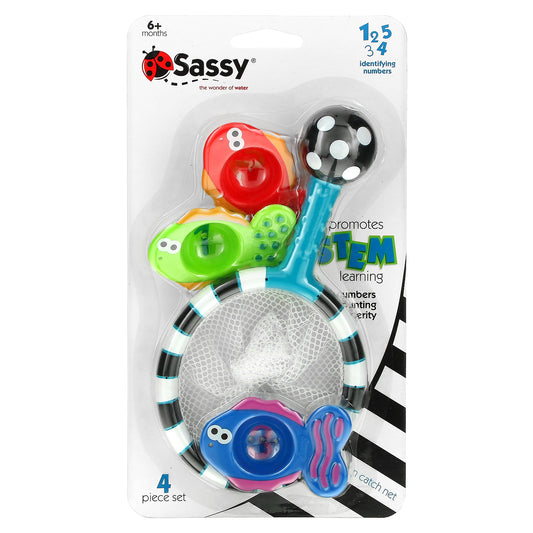 Sassy,  Developmental Bath Toy, Catch 'n Count Net,  6 + Months, 4 Piece Set