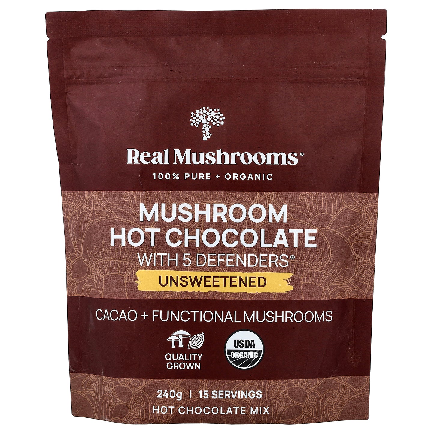 Real Mushrooms, Mushroom Hot Chocolate with 5 Defenders®, Unsweetened, 240 g