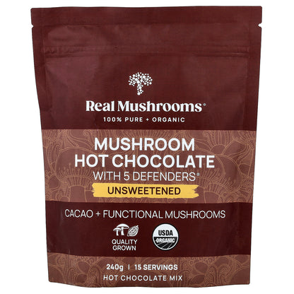 Real Mushrooms, Mushroom Hot Chocolate with 5 Defenders®, Unsweetened, 240 g