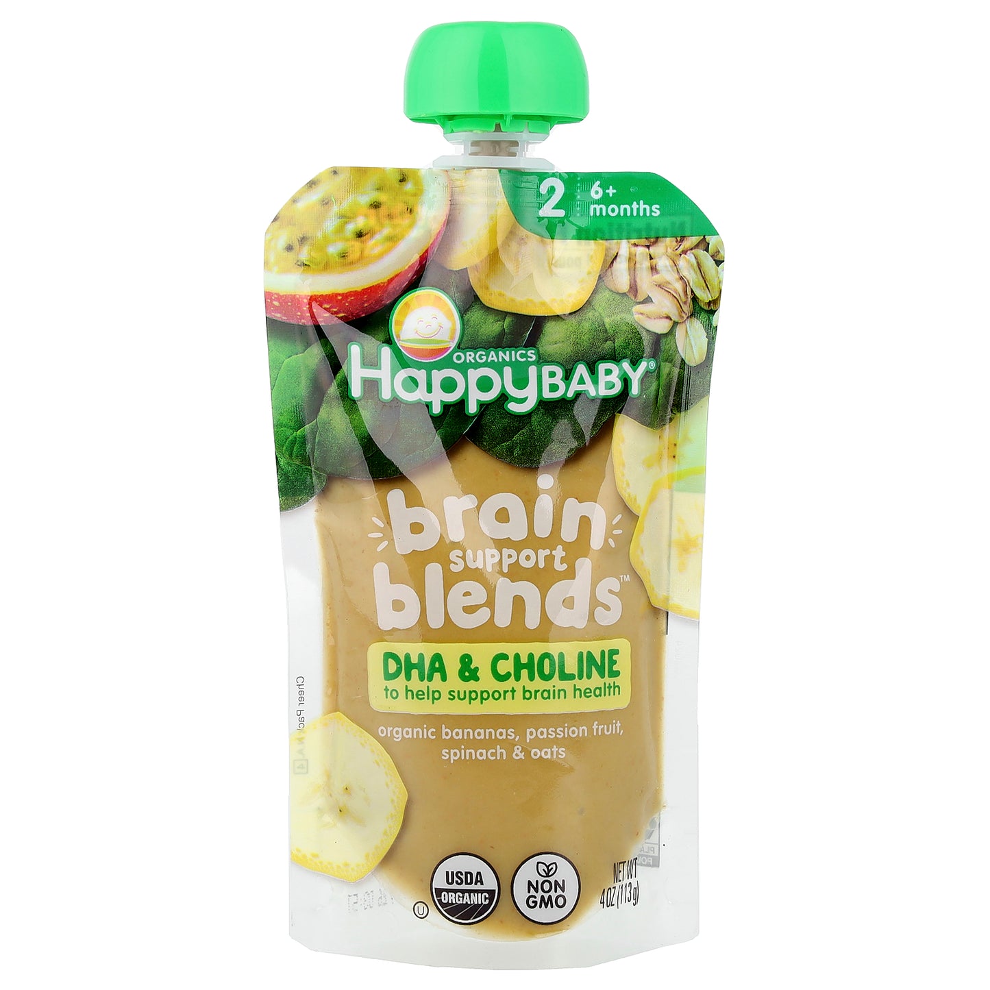 Happy Family Organics, Happy Baby®, Brain Support Blends™, 6+ Months, Organic Bananas, Passion Fruit, Spinach, & Oats, 4 oz (113 g)