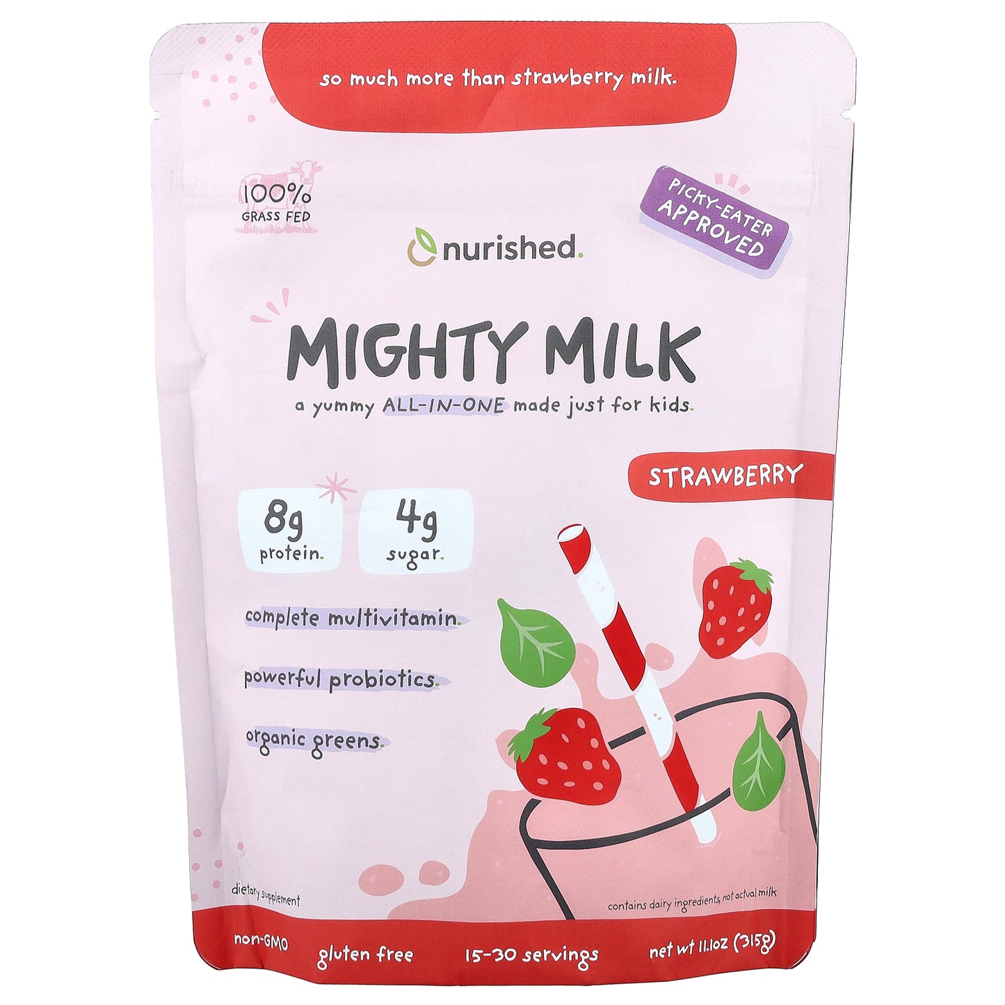 Nurished, Kids, Mighty Milk, Strawberry, 11.1 oz (315 g)