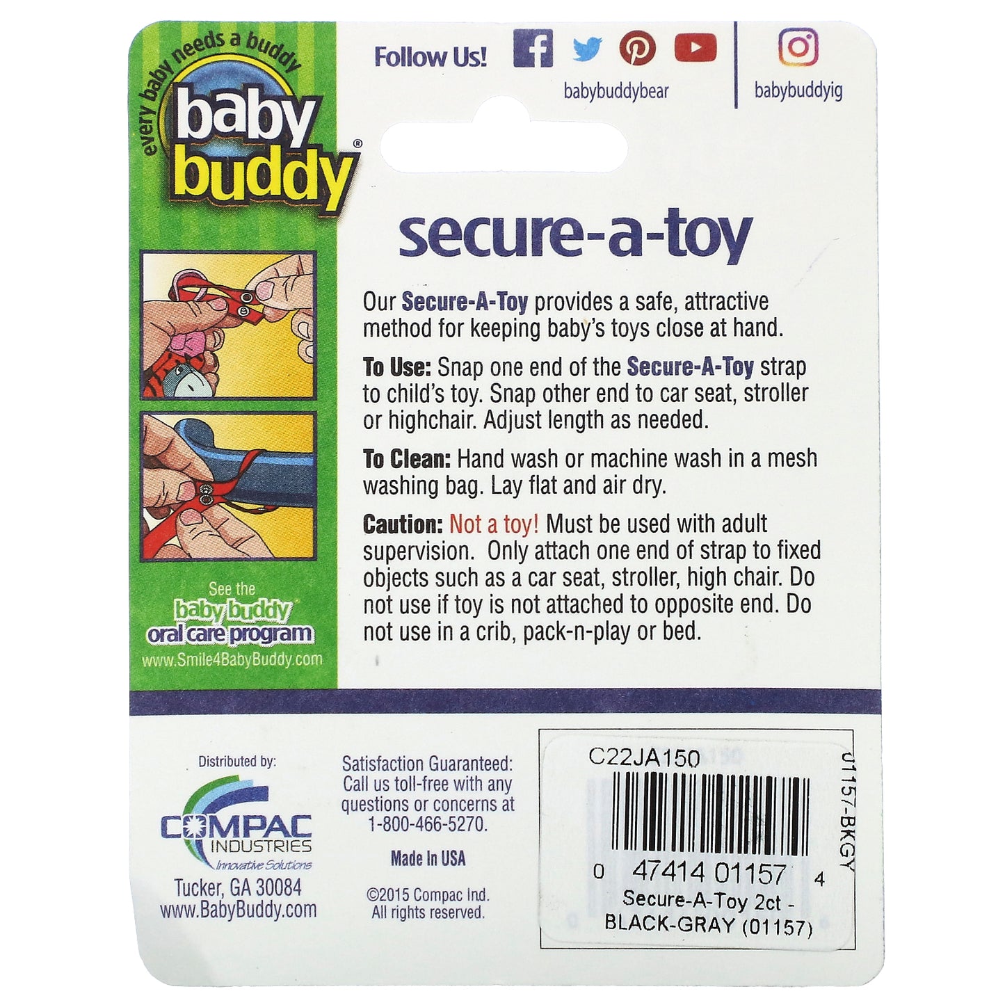 Baby Buddy, Secure-A-Toy, 4+ Months, Black/Gray, 2 Straps