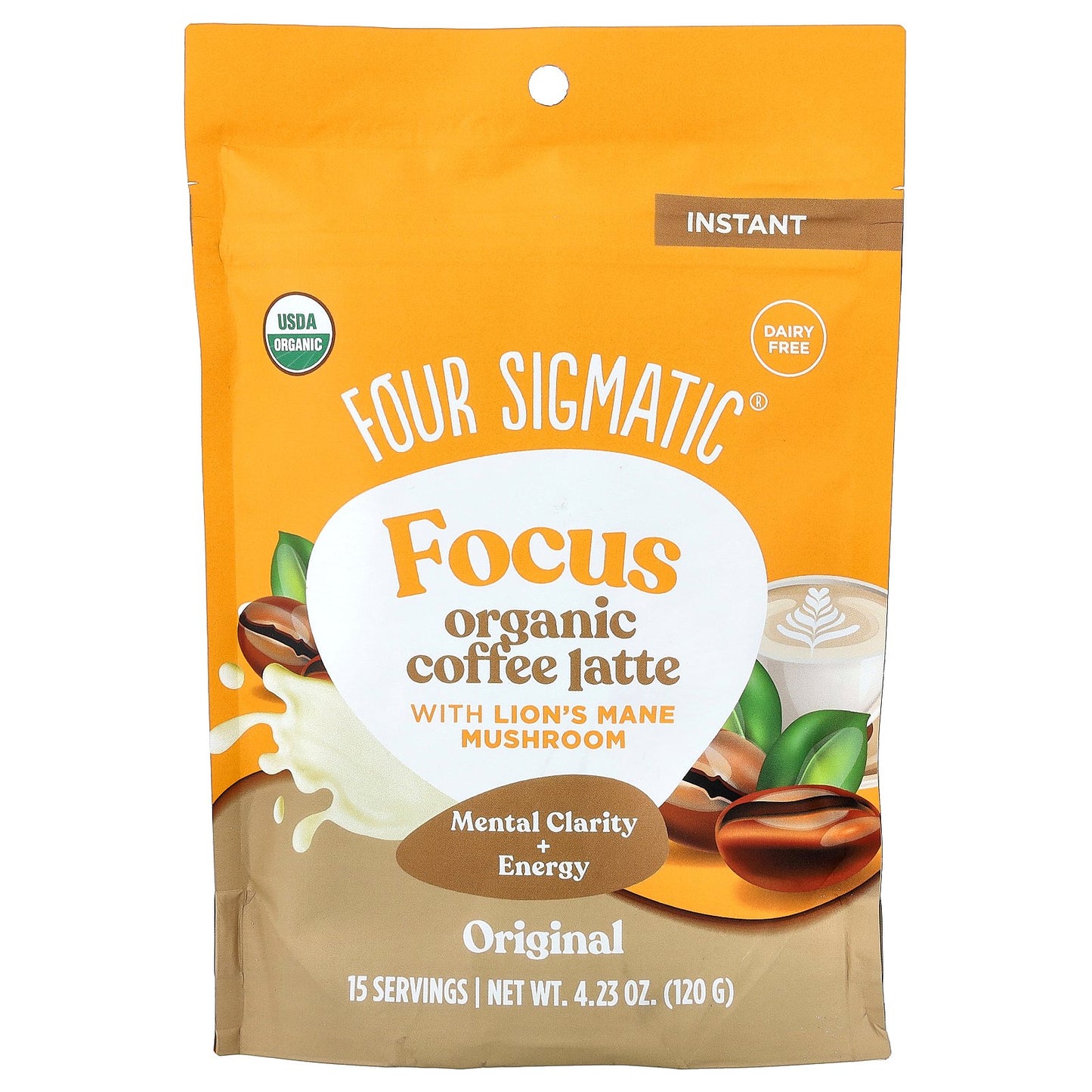 Four Sigmatic, Focus, Organic Instant Coffee Latte With Lion's Mane Mushroom, Original, 4.23 oz (120 g)