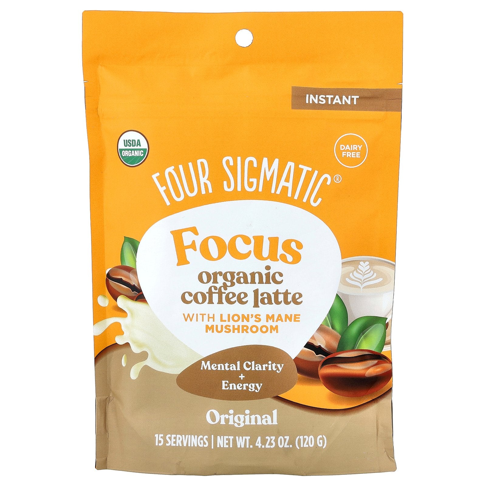 Four Sigmatic, Focus, Organic Instant Coffee Latte With Lion's Mane Mushroom, Original, 4.23 oz (120 g)